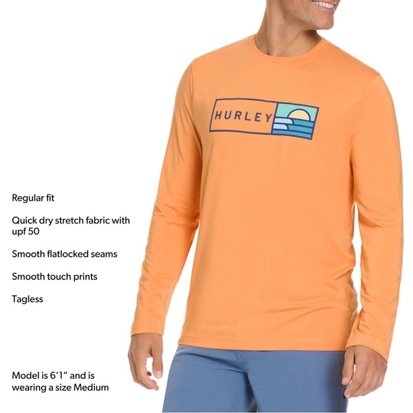 Hurley Orange Long Sleeve Tee with Graphic Design Small - Picture 5 of 8